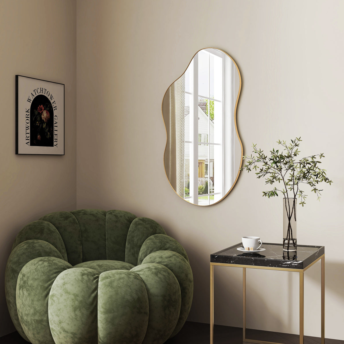 Elladera SHYFOY 32" Irregular Wall Mirror with Gold Metal Frame, Modern Accent
