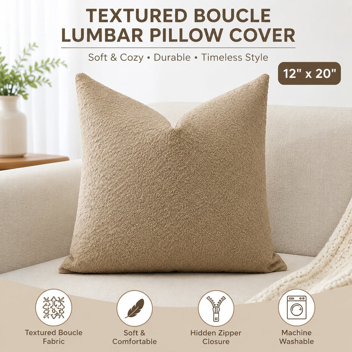 Elladera Set of 1 Textured Boucle Throw Pillow Cover, Square Cozy Soft Decorative
