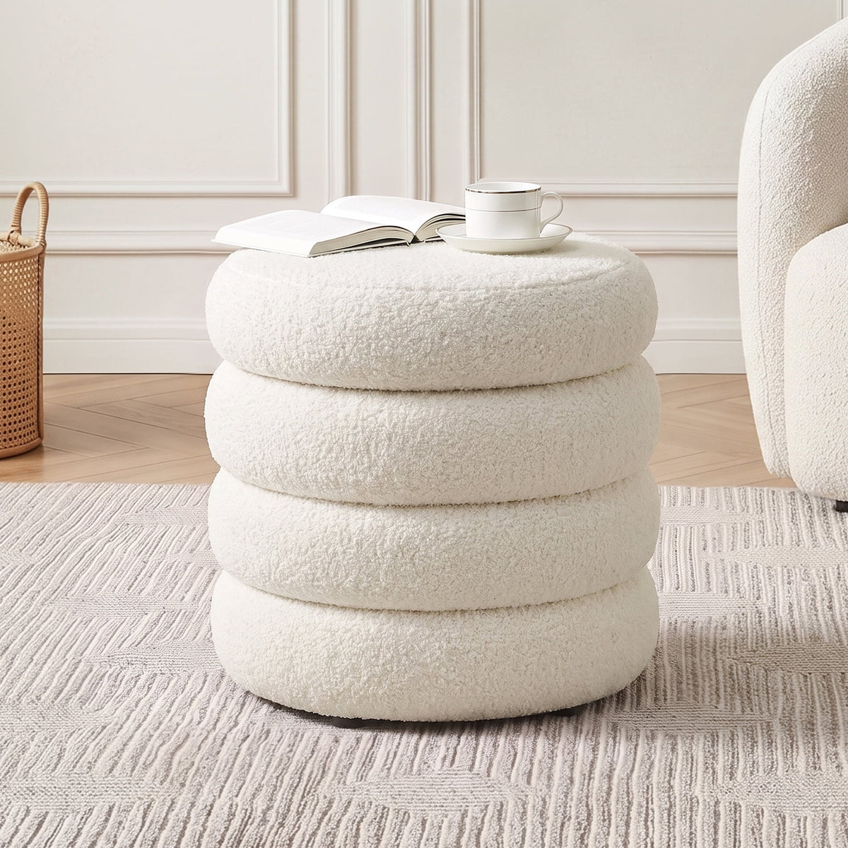 Elladera Zesthouse 19.5" Wide Round Boucle Storage Ottoman, Tufted Sherpa Ottoman