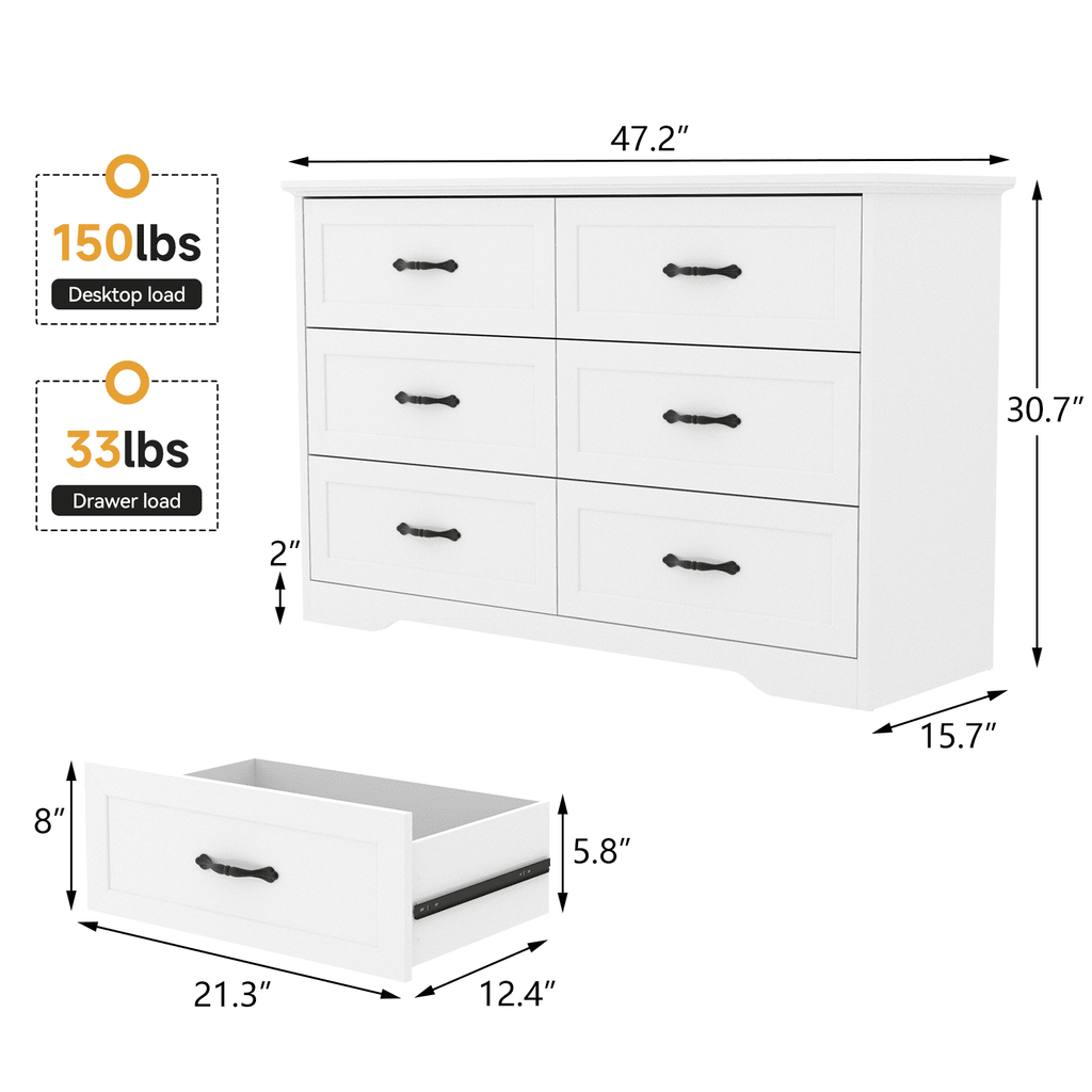 Elladera Farmhouse 6 Drawer Double Dresser, Wide Wood Dressers & Chests of Drawers