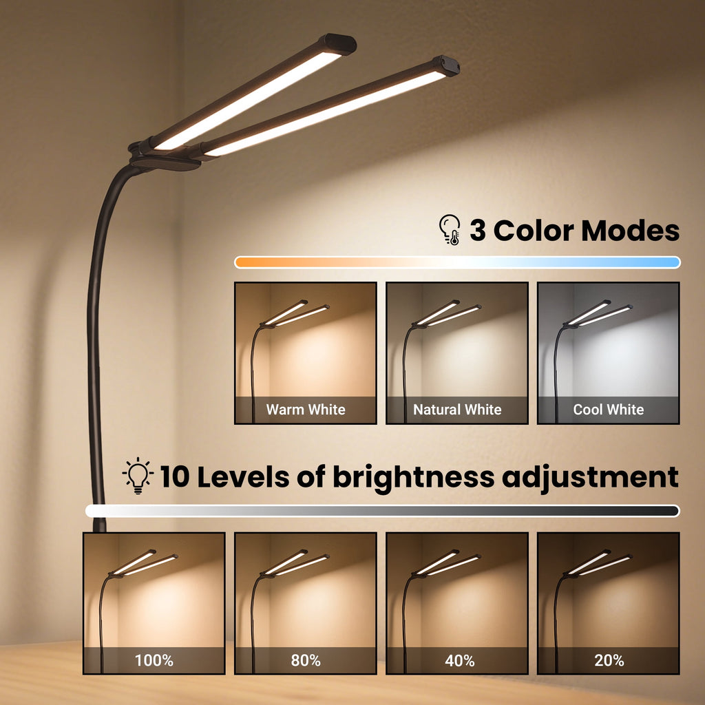 Elladera LED Clip-on Desk Lamp, Double Head Reading Light, Dimmable USB Port Desk