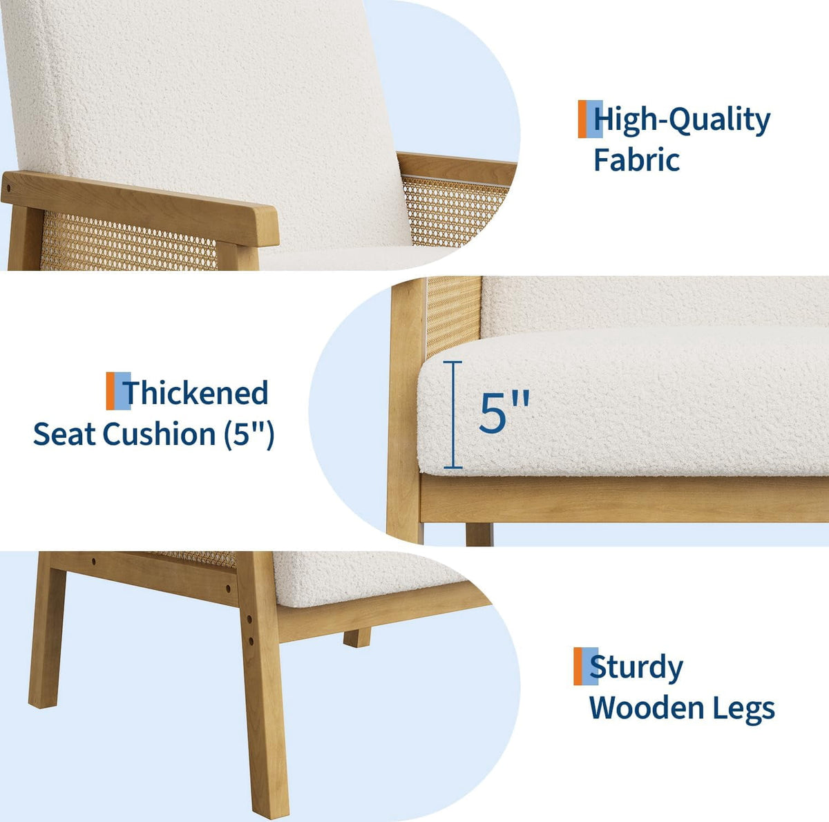 Elladera Boucle Accent Chair, Rattan Armchair with Wooden Frame, High Back