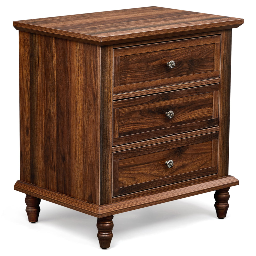 Elladera Solid Wood Nightstand 3 Drawer Traditional Cottage Bedside Table, Brown
