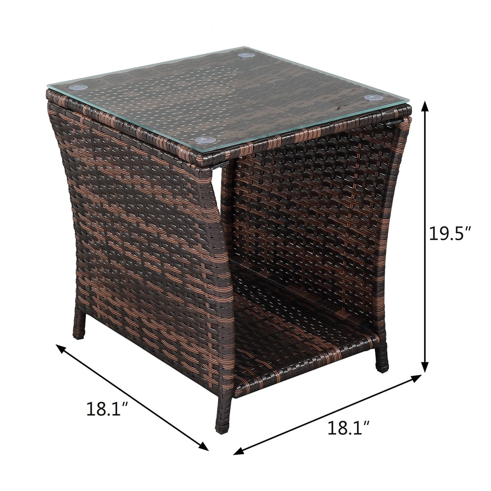 Elladera Side Table Porch Square Side Coffee Table with Glass Top, Rattan End Table