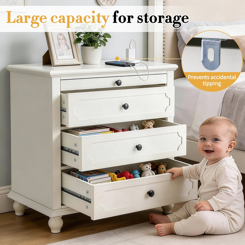 Elladera Solid Wood Nightstand with Outlets & USB Ports, 3 Drawer Traditional