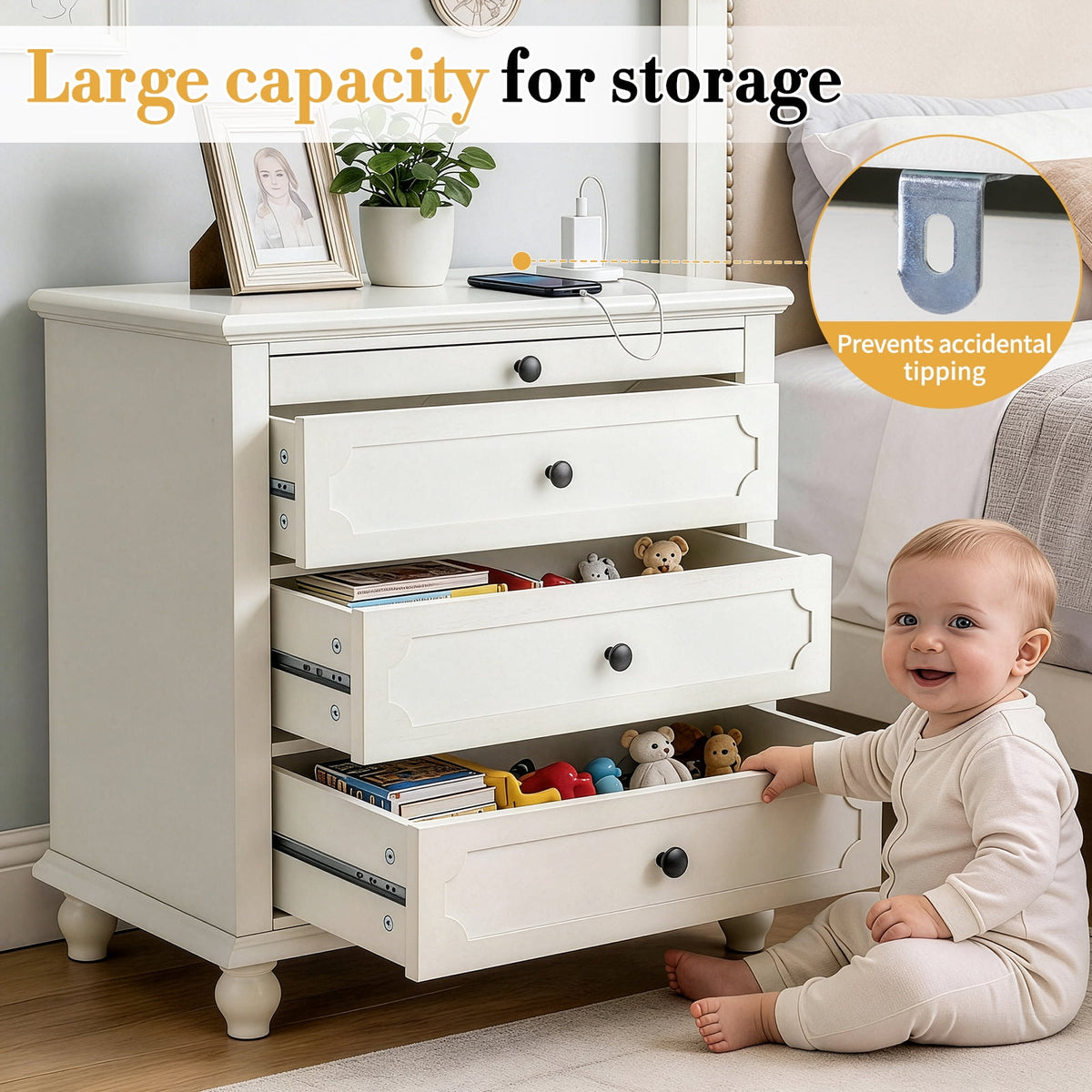 Elladera Solid Wood Nightstand with Outlets & USB Ports, 3 Drawer Traditional