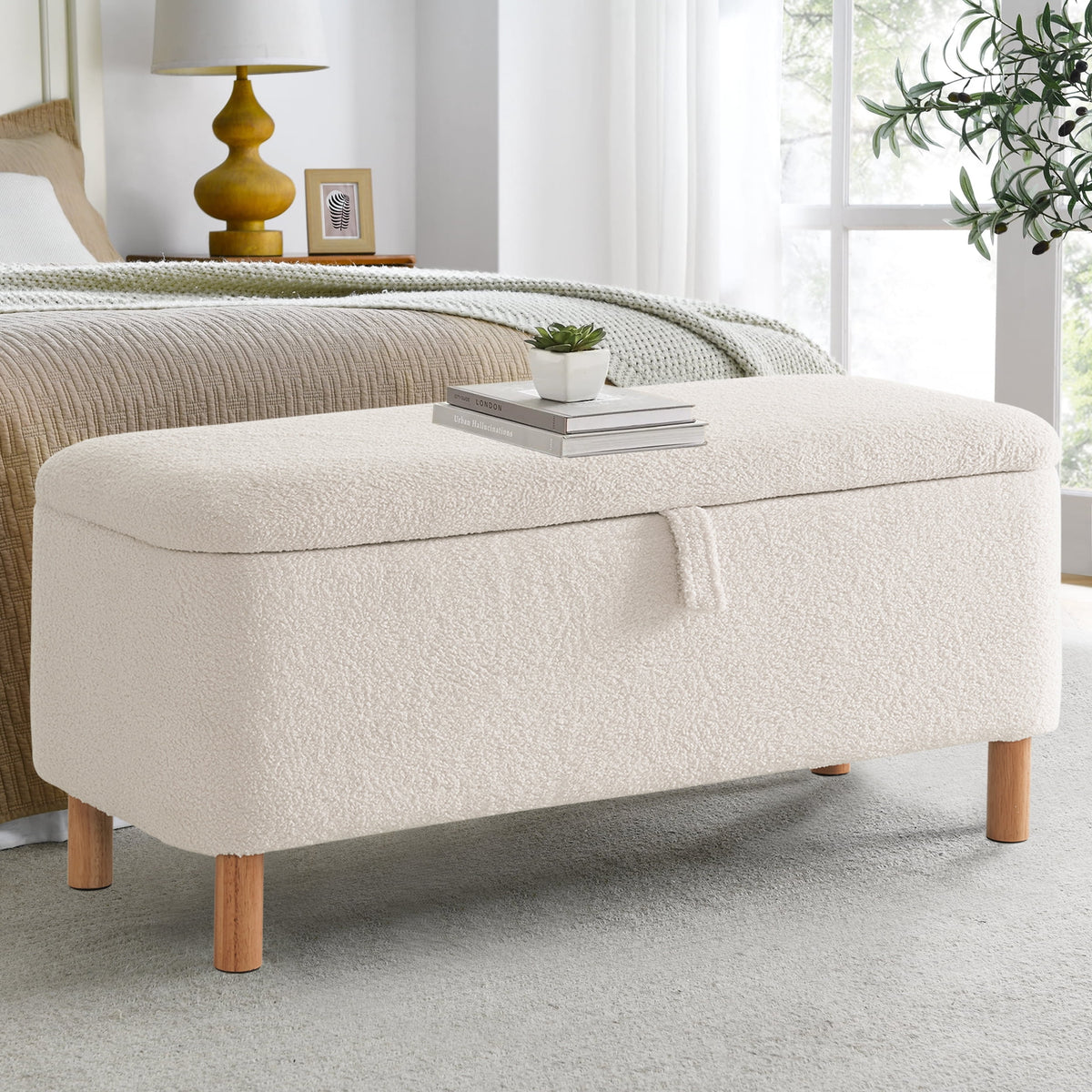 Elladera 39.5" Boucle Storage Ottoman Bench with Wood Legs for Living Room Bedroom