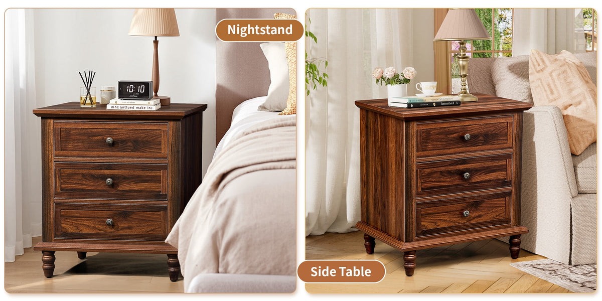 Elladera Solid Wood Nightstand 3 Drawer Traditional Cottage Bedside Table, Brown