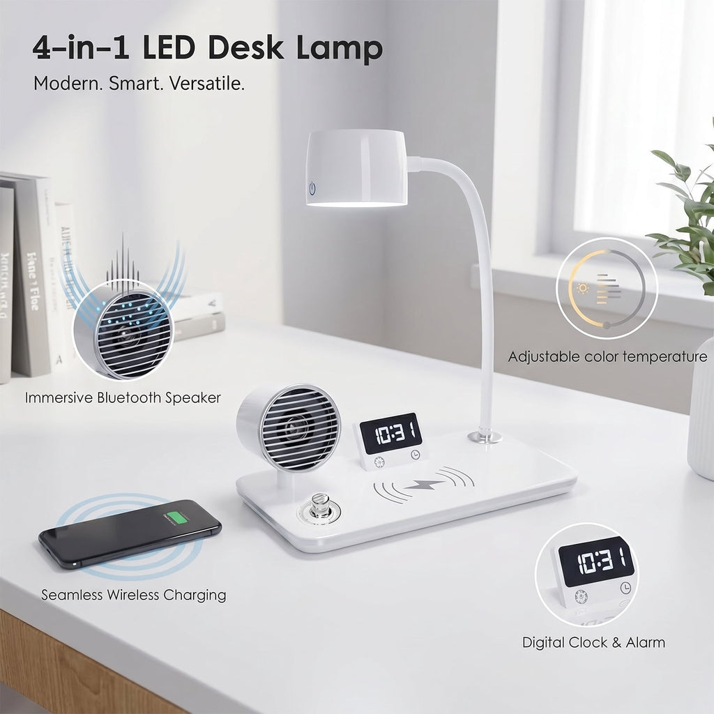 Elladera Behome 4-in-1 Desk Lamp with Wireless Charger, Digital Clock & Bluetooth
