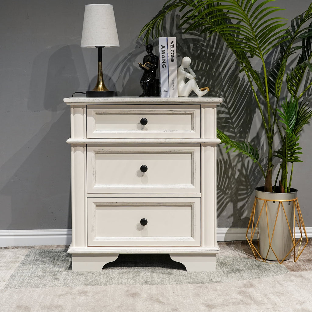 Elladera Solid Wood Nightstand with Outlets & USB Ports, 3 Drawer Traditional