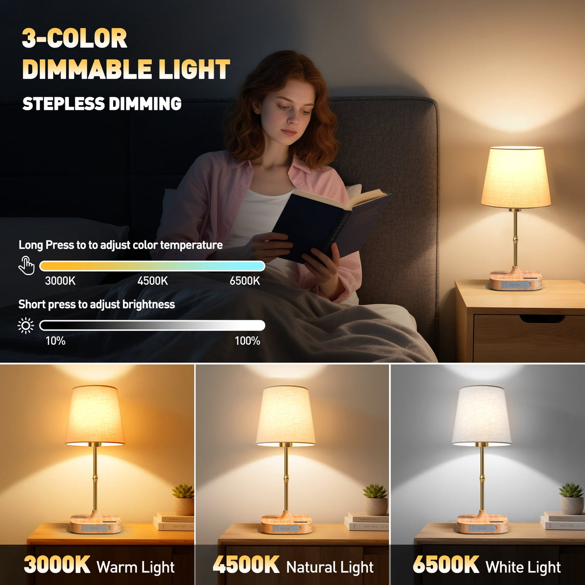 Elladera Bedside Table Lamp for Bedroom, 3 Color Temperatures Cordless Bedside