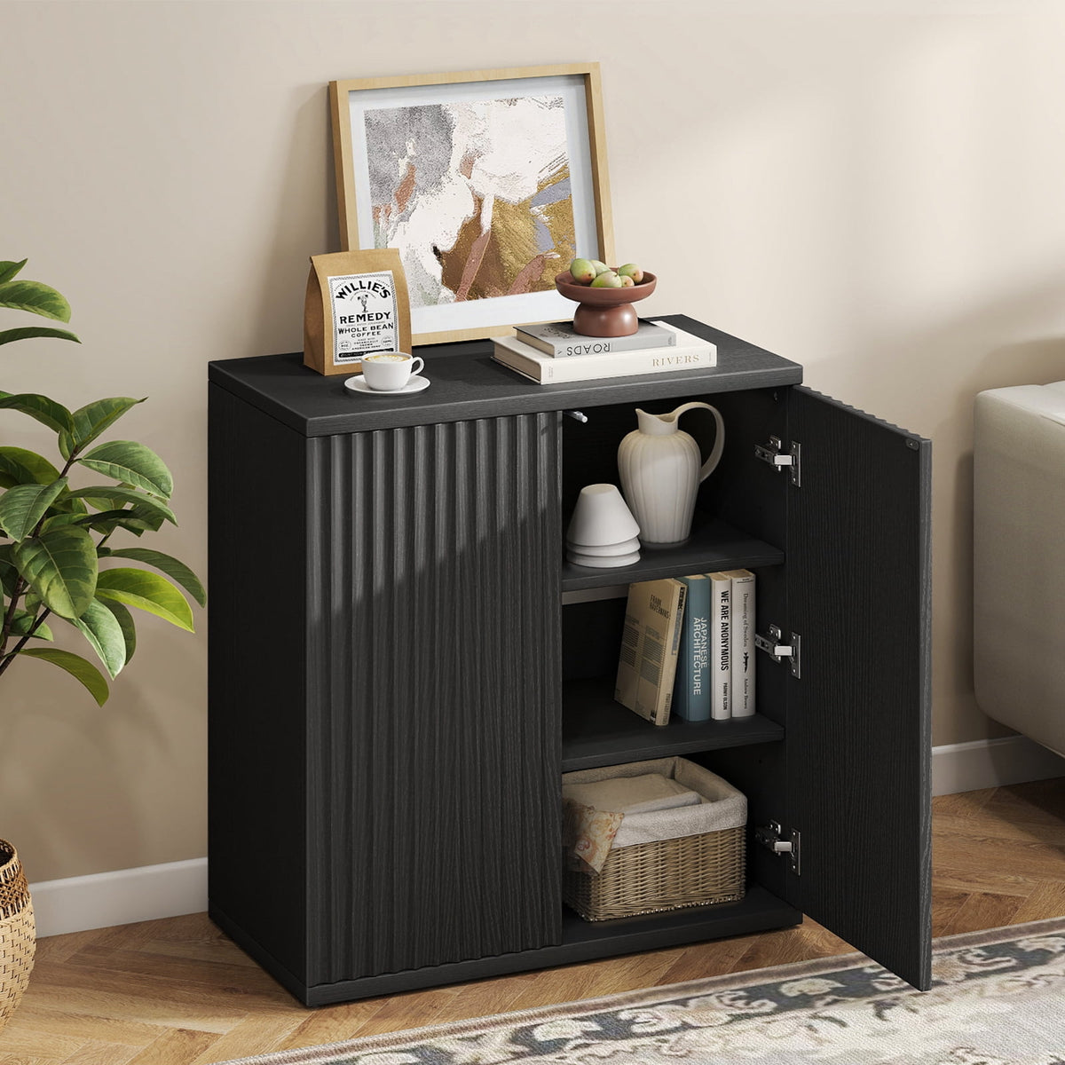 Elladera Sideboard Buffet Cabinet with Doors and Adjustable Shelves, Fluted Small