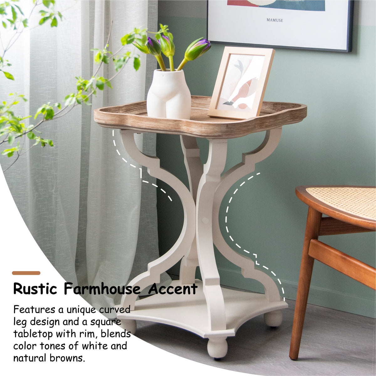 Elladera COZAYH Rustic Farmhouse Cottage Core Accent End Table, Natural Tray Top