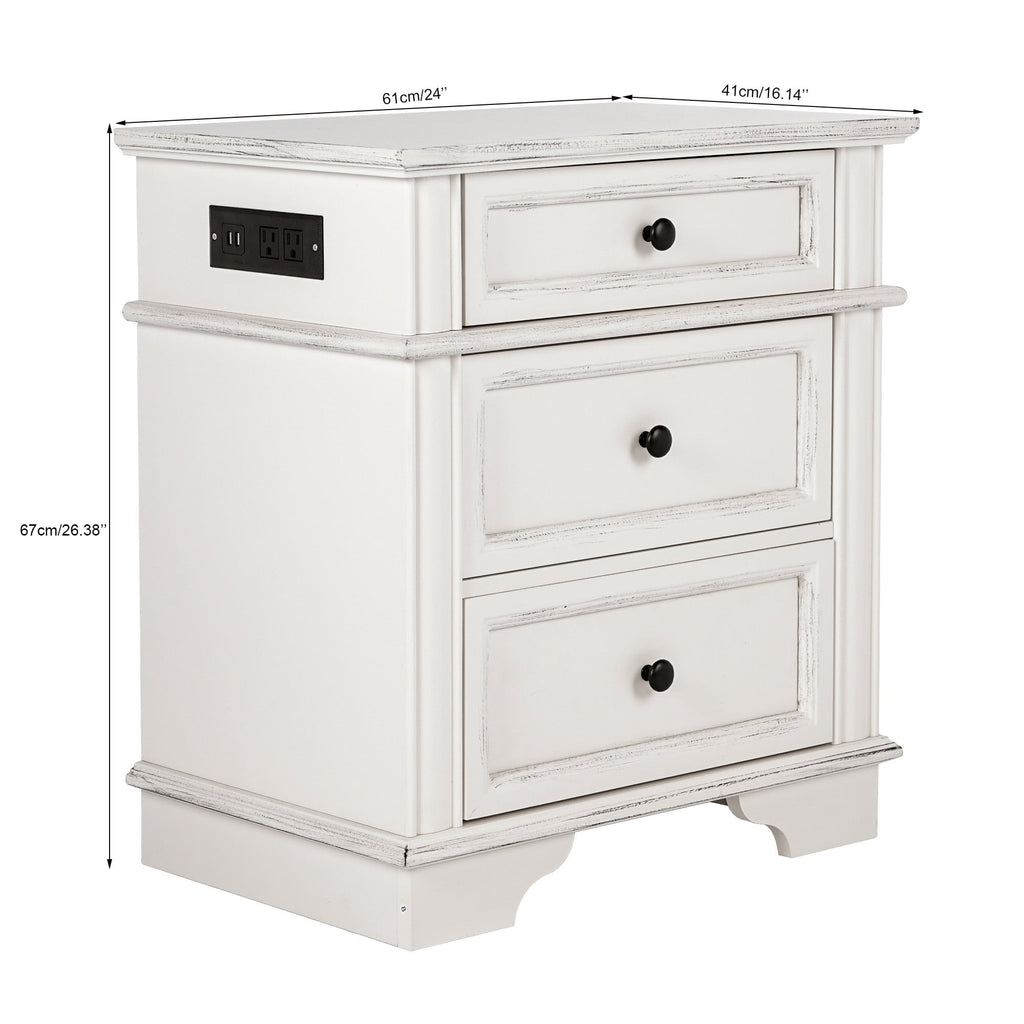 Elladera Solid Wood Nightstand with Outlets & USB Ports, 3 Drawer Traditional