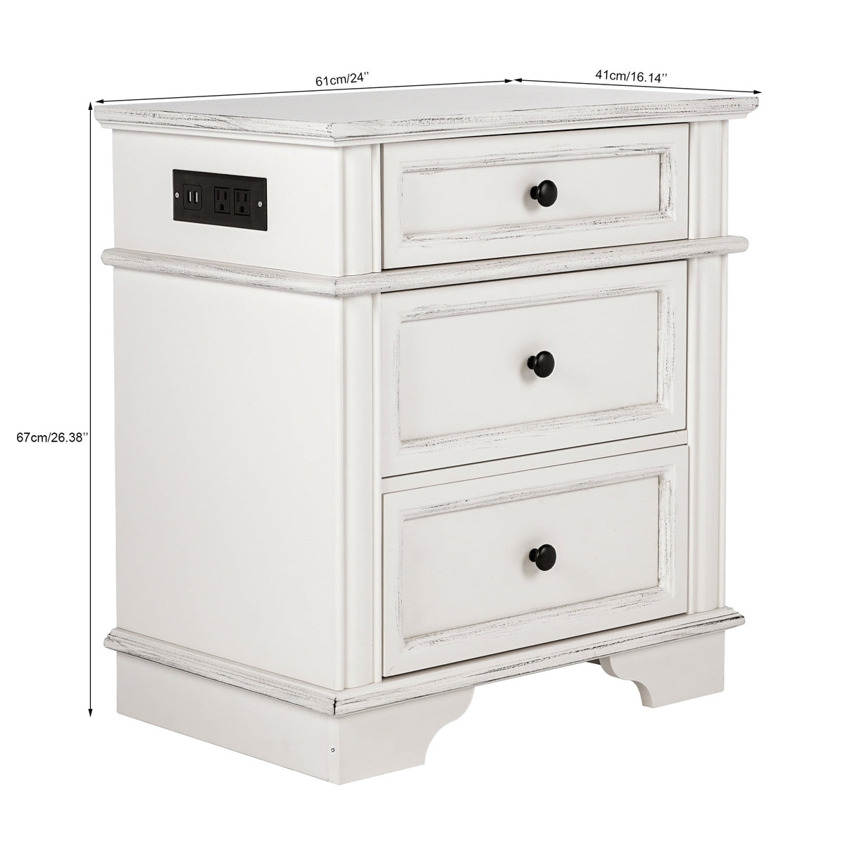 Elladera Solid Wood Nightstand with Outlets & USB Ports, 3 Drawer Traditional