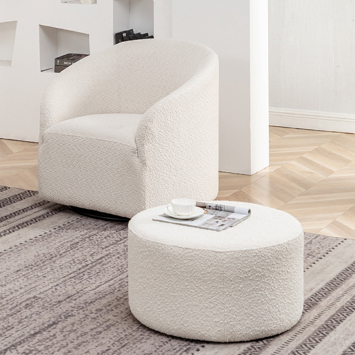 Elladera Modern Round Boucle Upholstered Ottoman with Soft Padded Seat