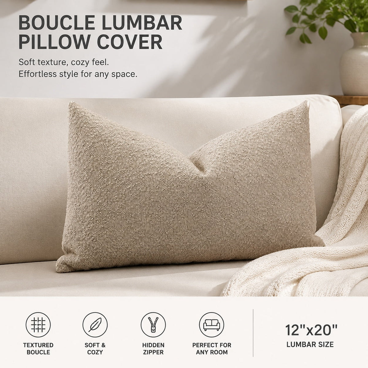 Elladera Set of 1 Textured Boucle Throw Pillow Cover, Square Soft Decorative Couch