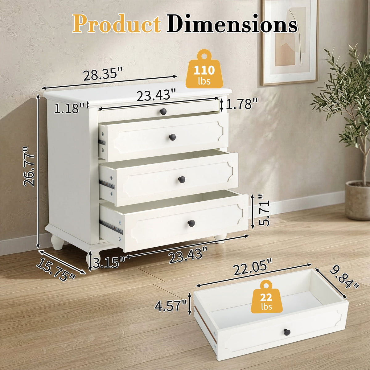 Elladera Solid Wood Nightstand with Outlets & USB Ports, 3 Drawer Traditional