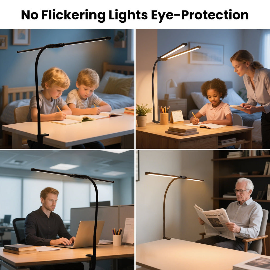 Elladera LED Clip-on Desk Lamp, Double Head Reading Light, Dimmable USB Port Desk