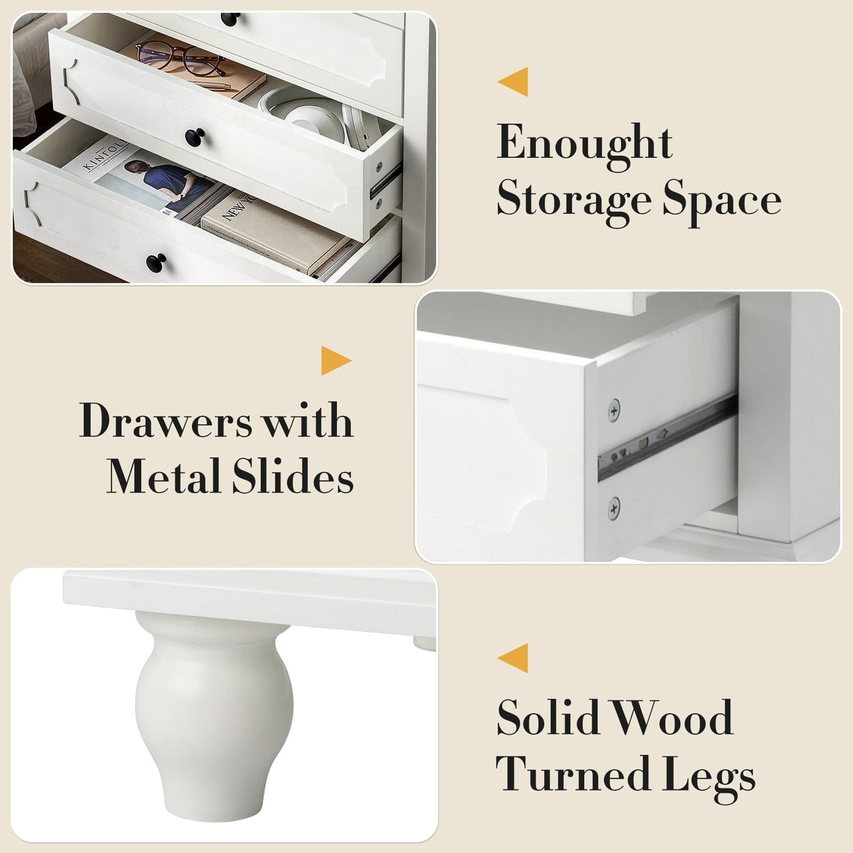Elladera Solid Wood Nightstand with Outlets & USB Ports, 3 Drawer Traditional