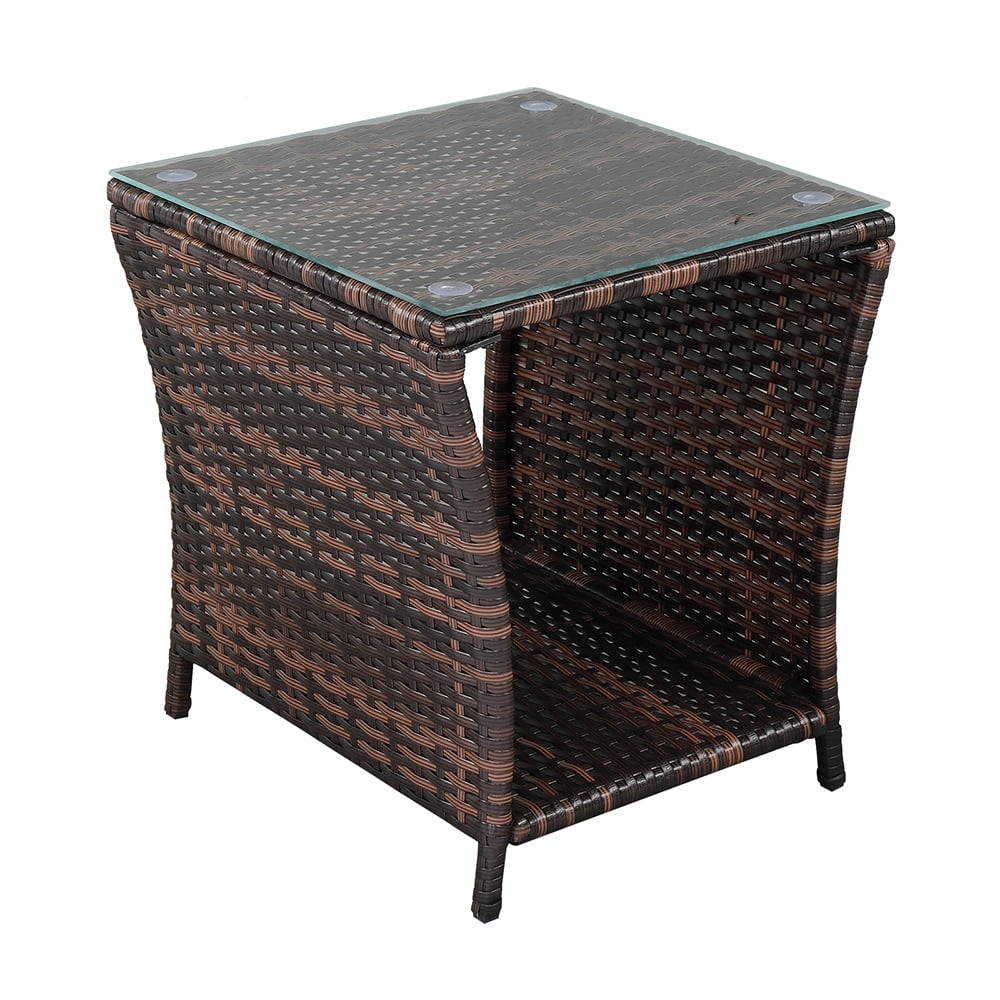Elladera Side Table Porch Square Side Coffee Table with Glass Top, Rattan End Table