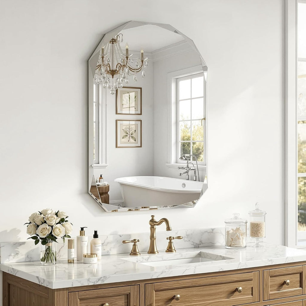 Elladera Gleamira 20"x28" Frameless Arched Bathroom Mirror Beveled Diamond Edge