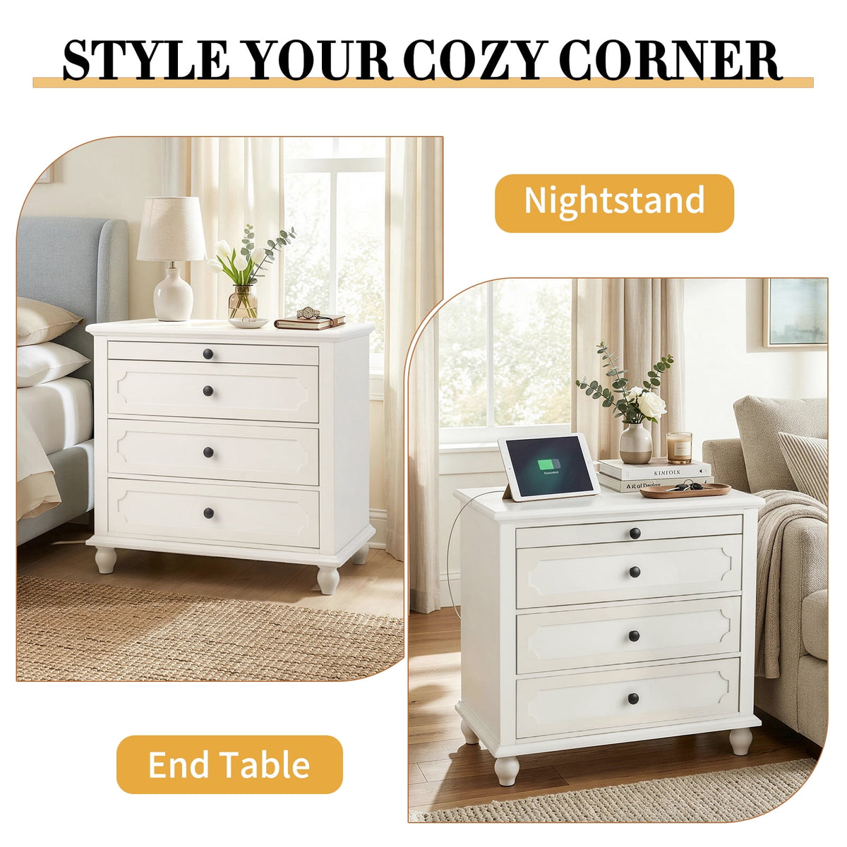 Elladera Solid Wood Nightstand with Outlets & USB Ports, 3 Drawer Traditional