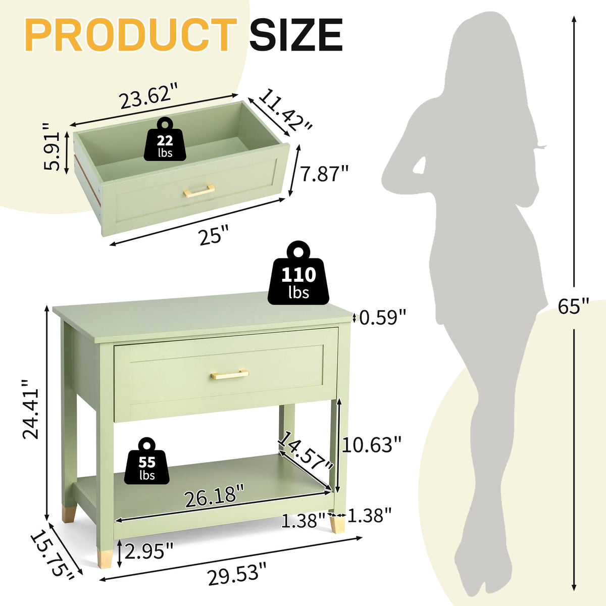 Elladera Solid Wood Nightstand with One Drawer Traditional Cottage Bedside Table, Green