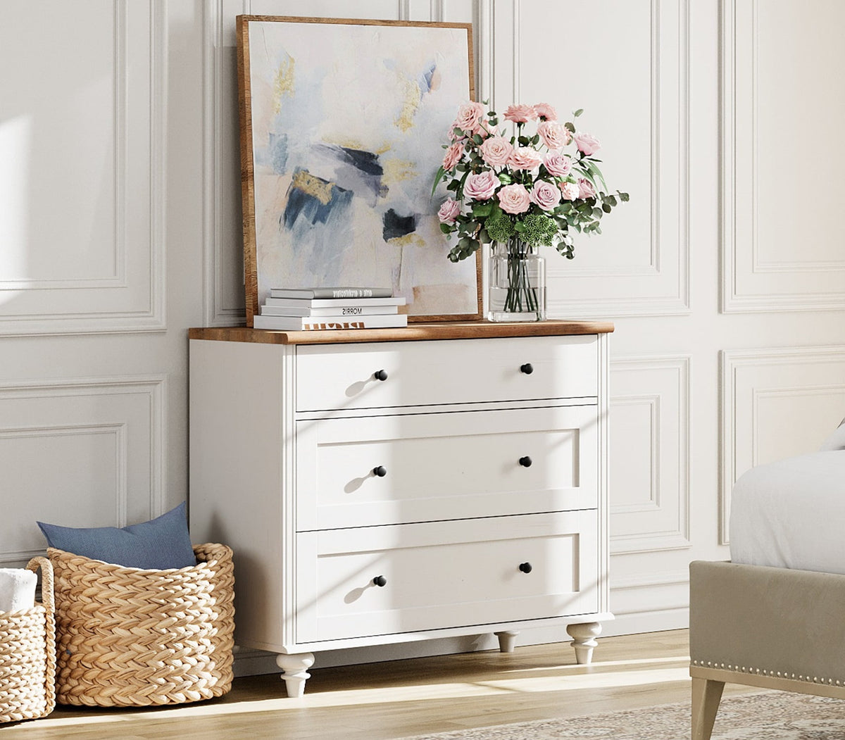 Elladera Farmhouse Dresser for Bedroom with 3 Drawers, Mid Century Modern Kids