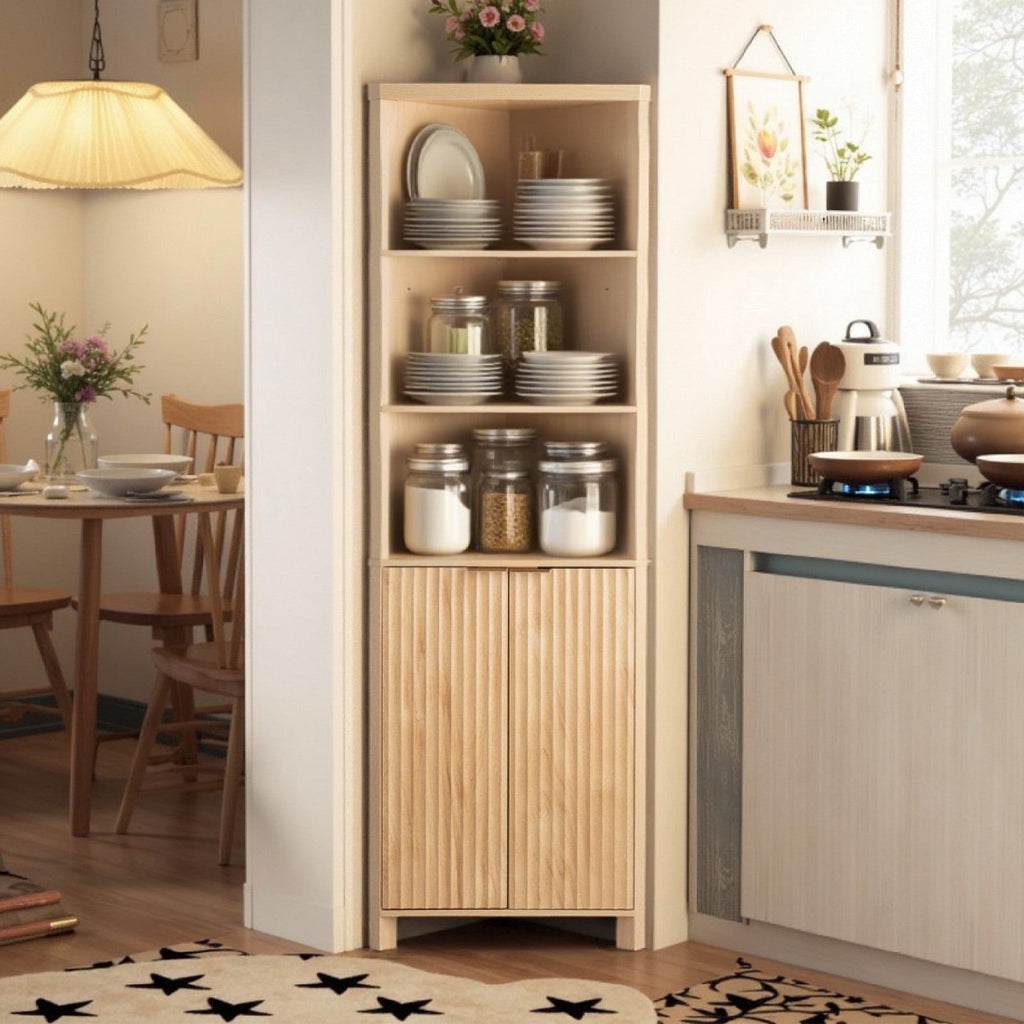 Elladera Corner Bathroom Cabinet with Fluted Double- doors, 5- Tier Freestanding