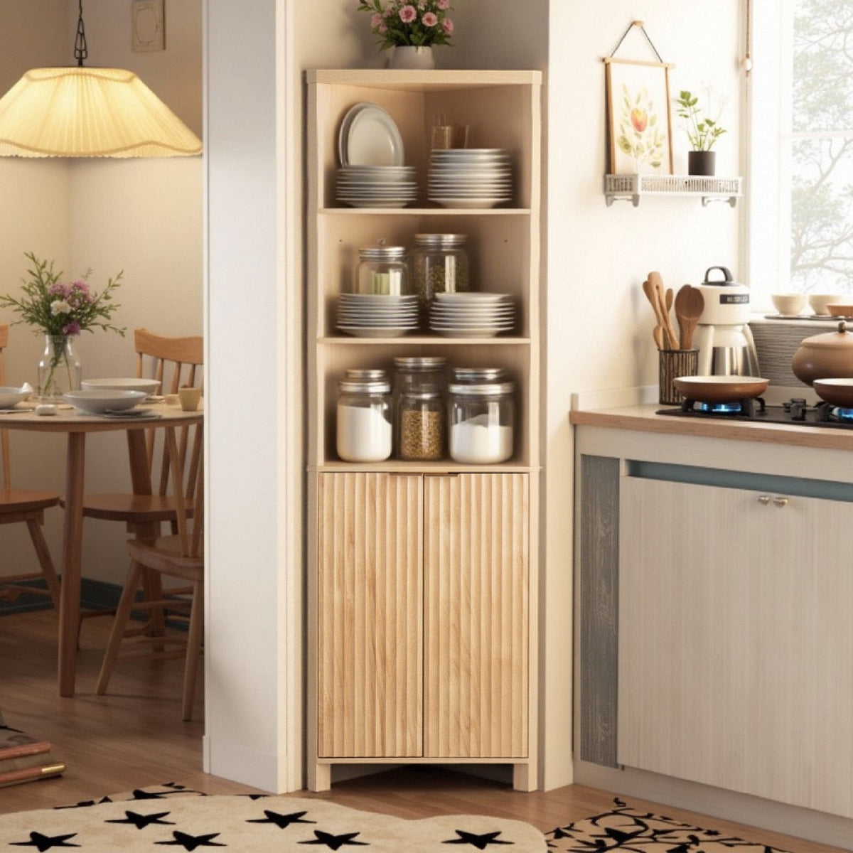 Elladera Corner Bathroom Cabinet with Fluted Double- doors, 5- Tier Freestanding