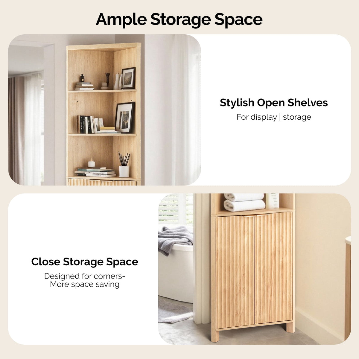 Elladera Corner Bathroom Cabinet with Fluted Double- doors, 5- Tier Freestanding