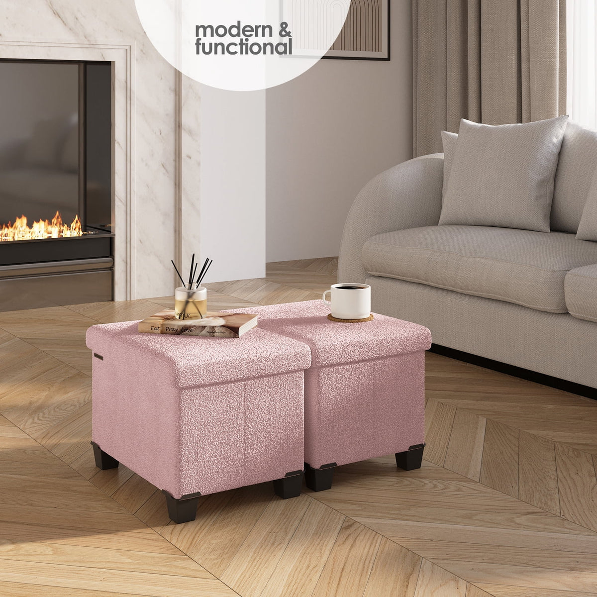 Elladera Hearth & Harbor Storage Ottoman Bench, Boucle 16" Ottoman with Storage, Pink