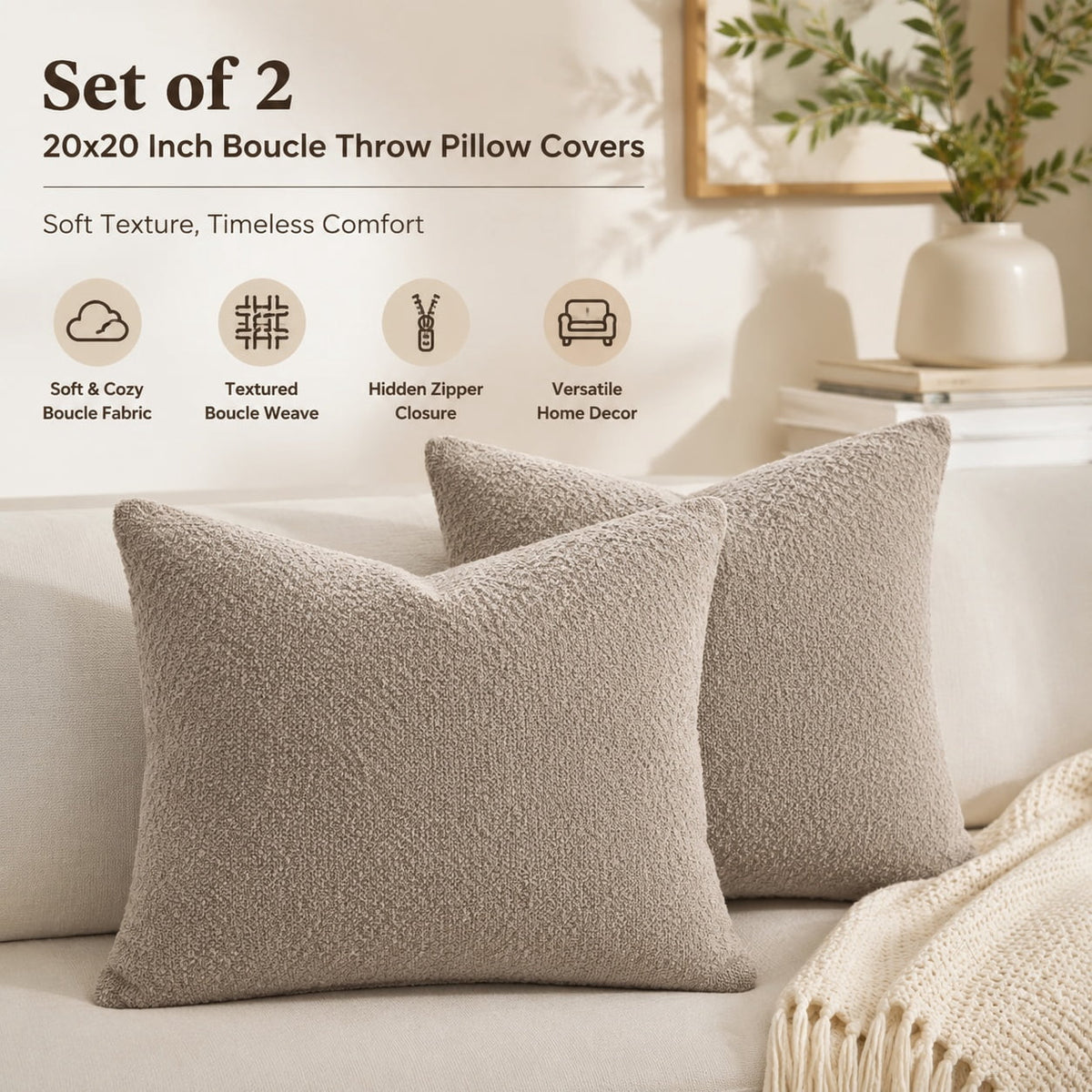 Elladera 24x24 Inch Decorative Euro Sham Pillow Covers Set of 2 Textured Boucle