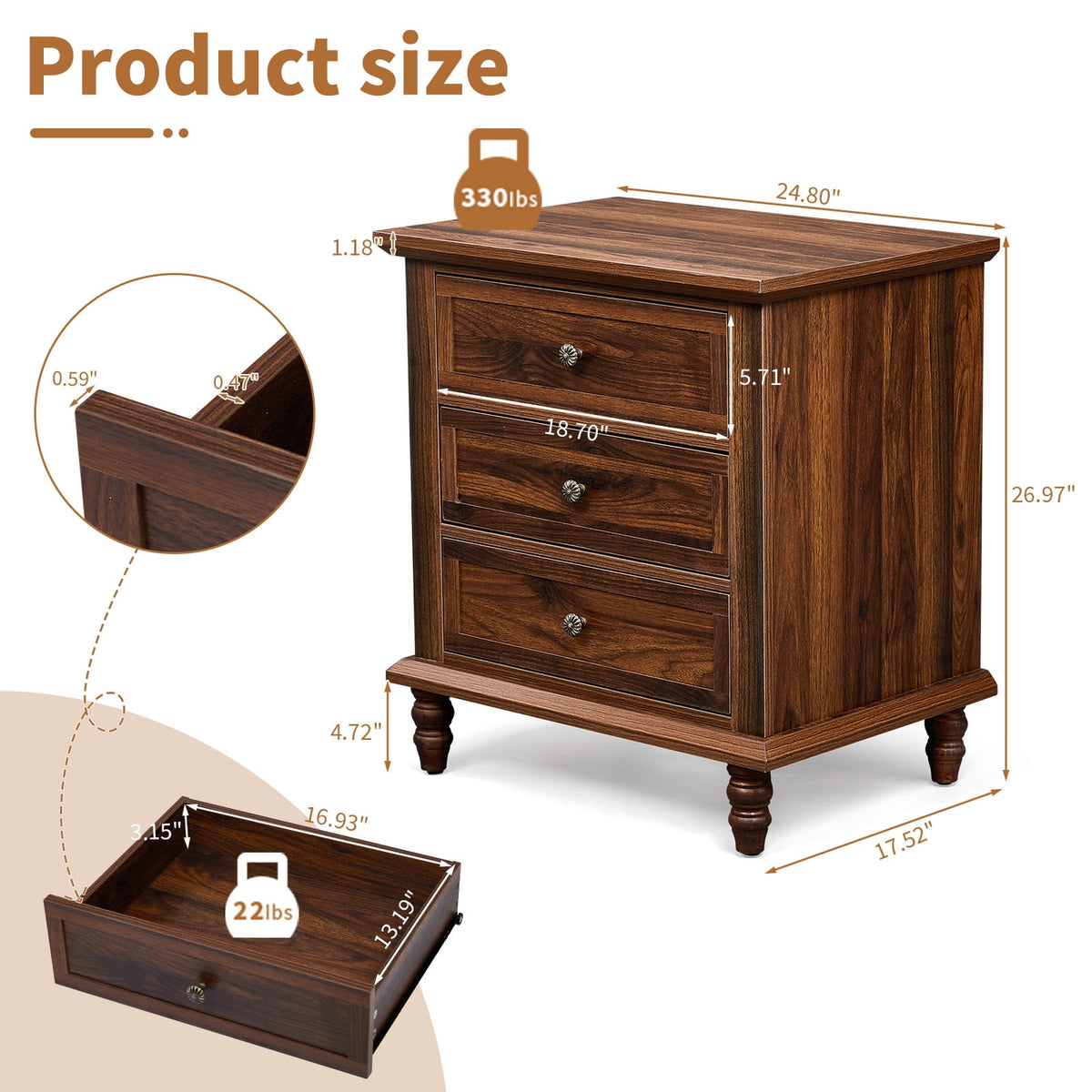Elladera Solid Wood Nightstand 3 Drawer Traditional Cottage Bedside Table, Brown