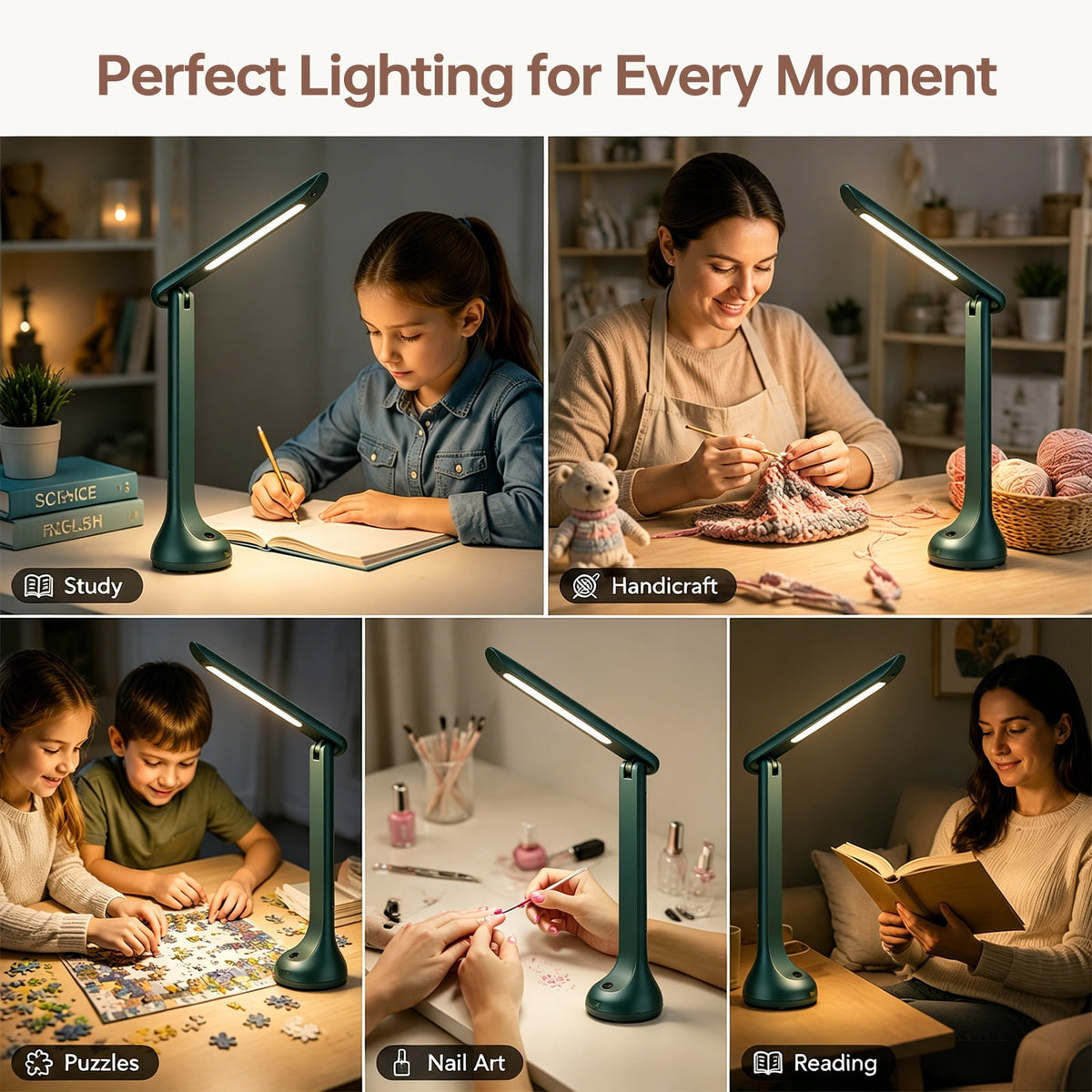 Elladera Cordless Rechargeable LED Desk Lamp, Dark Green, Adjustable Head