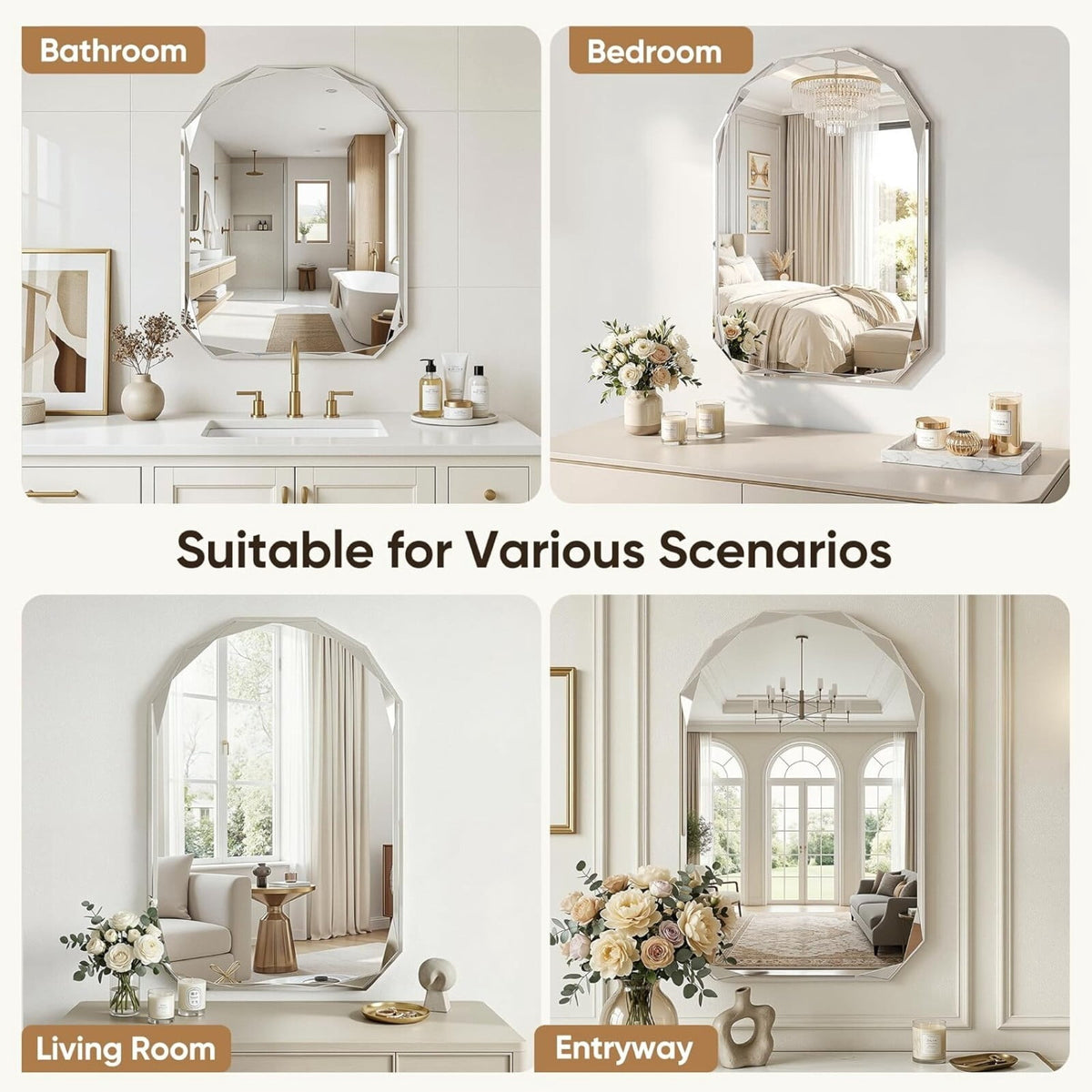 Elladera Gleamira 20"x28" Frameless Arched Bathroom Mirror Beveled Diamond Edge