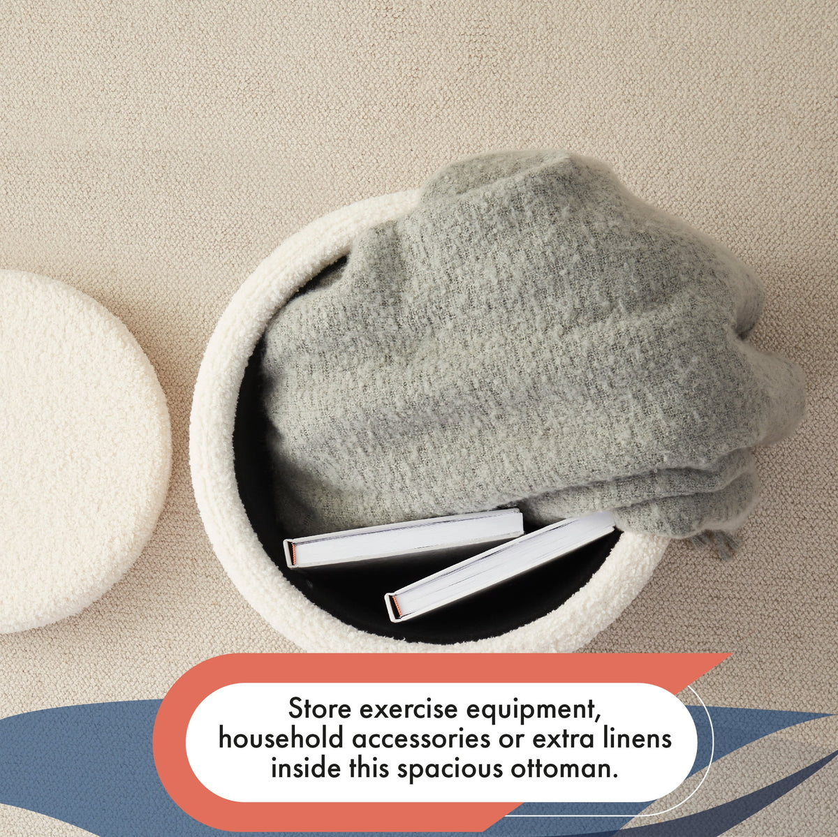 Elladera Ornavo Home Round Storage Ottoman with Reversible Lid, 17in Boucle White