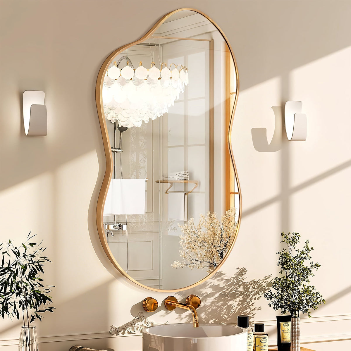 Elladera 24"x36" Irregular Wall Mirror, Cloud Shaped Gold Asymmetrical