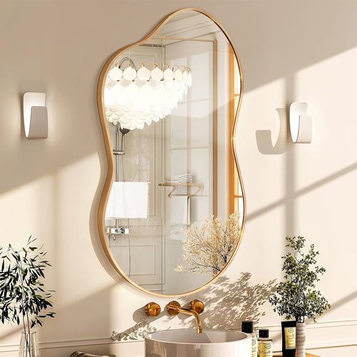 Elladera 24"x36" Irregular Wall Mirror, Cloud Shaped Gold Asymmetrical