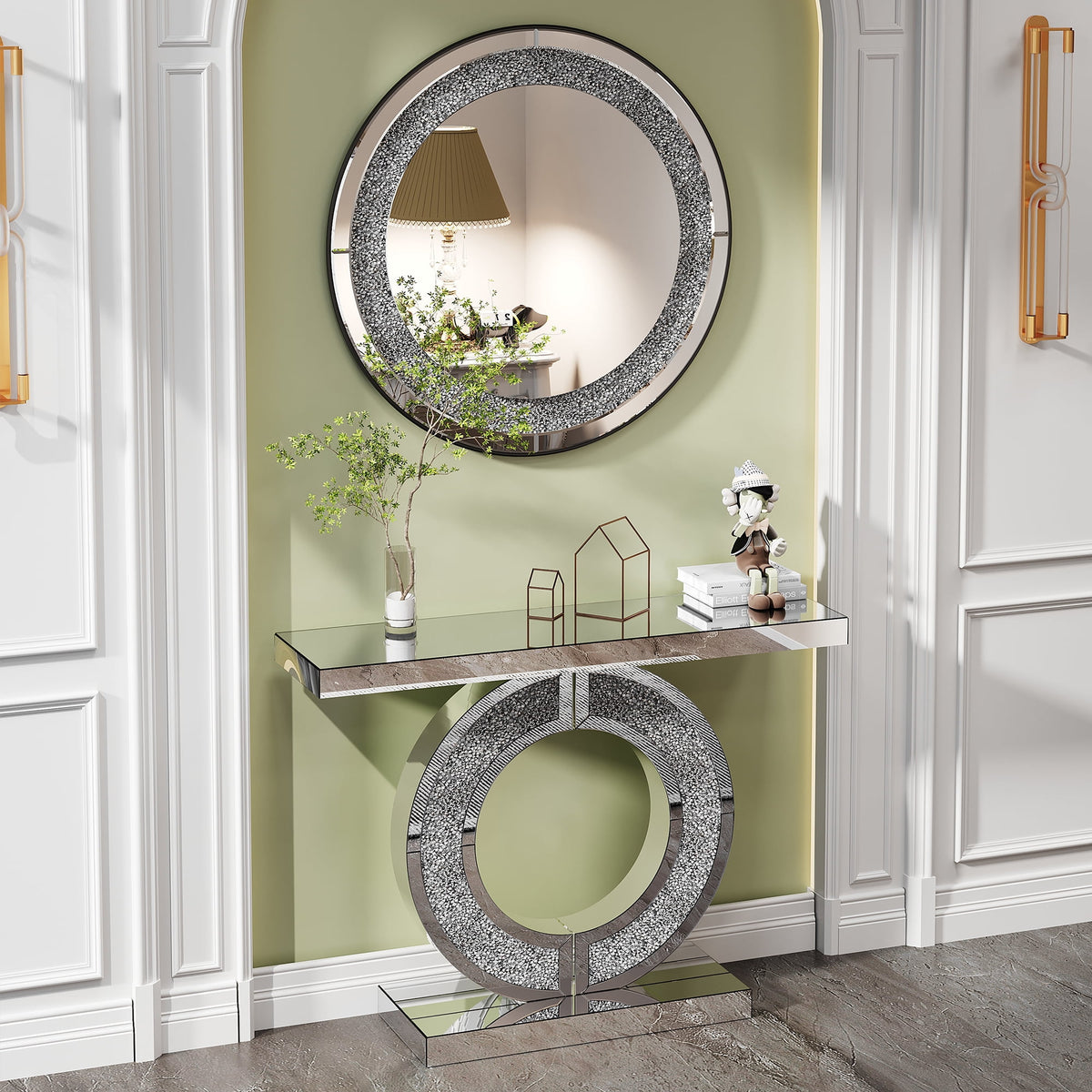 Elladera Modern Crystal Crush Diamond Sparkly Round Silver Wall Mirror- Handcrafted