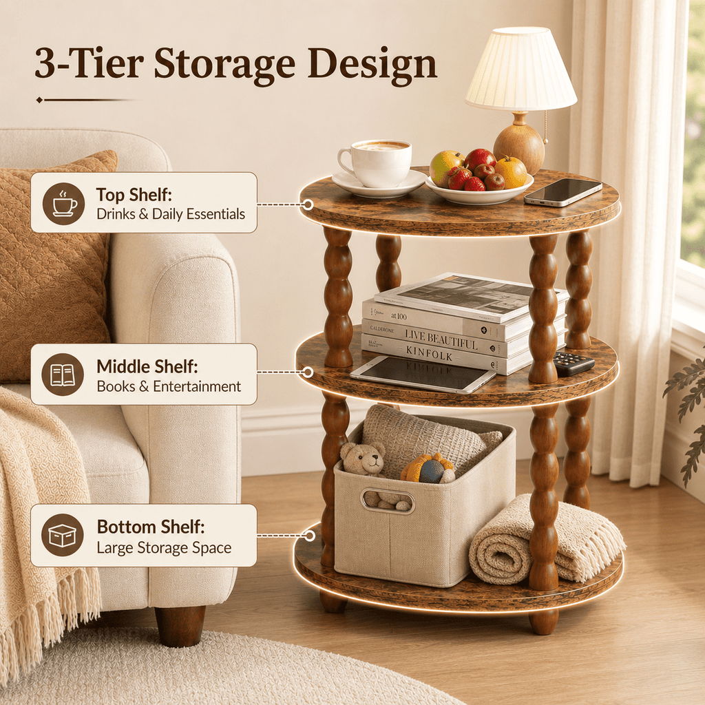 Elladera MEHOOM 3-Tier Side Table, Small End Table for Living Room and Bedroom,