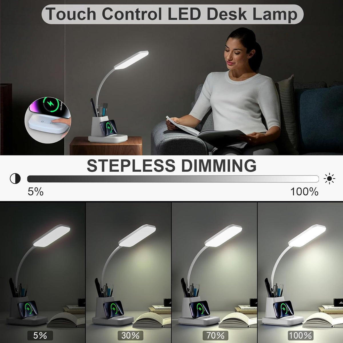 Elladera Desk Lamp with Wireless Charger, LED Desk Lamps for Home Office Eye-Caring