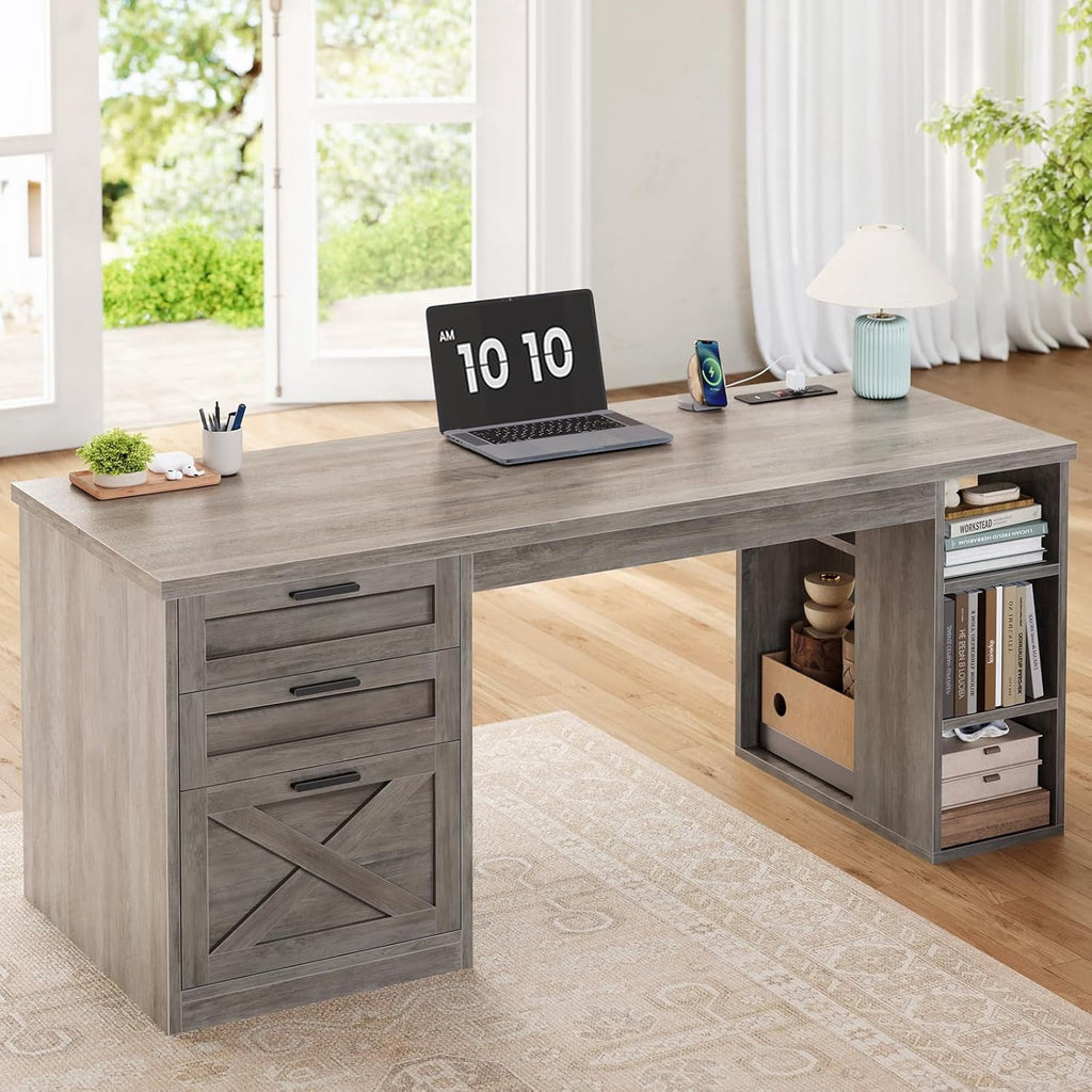 Elladera 55.1" Farmhouse Desk with 3 Drawers & Open Shelves, Home Office Desk with