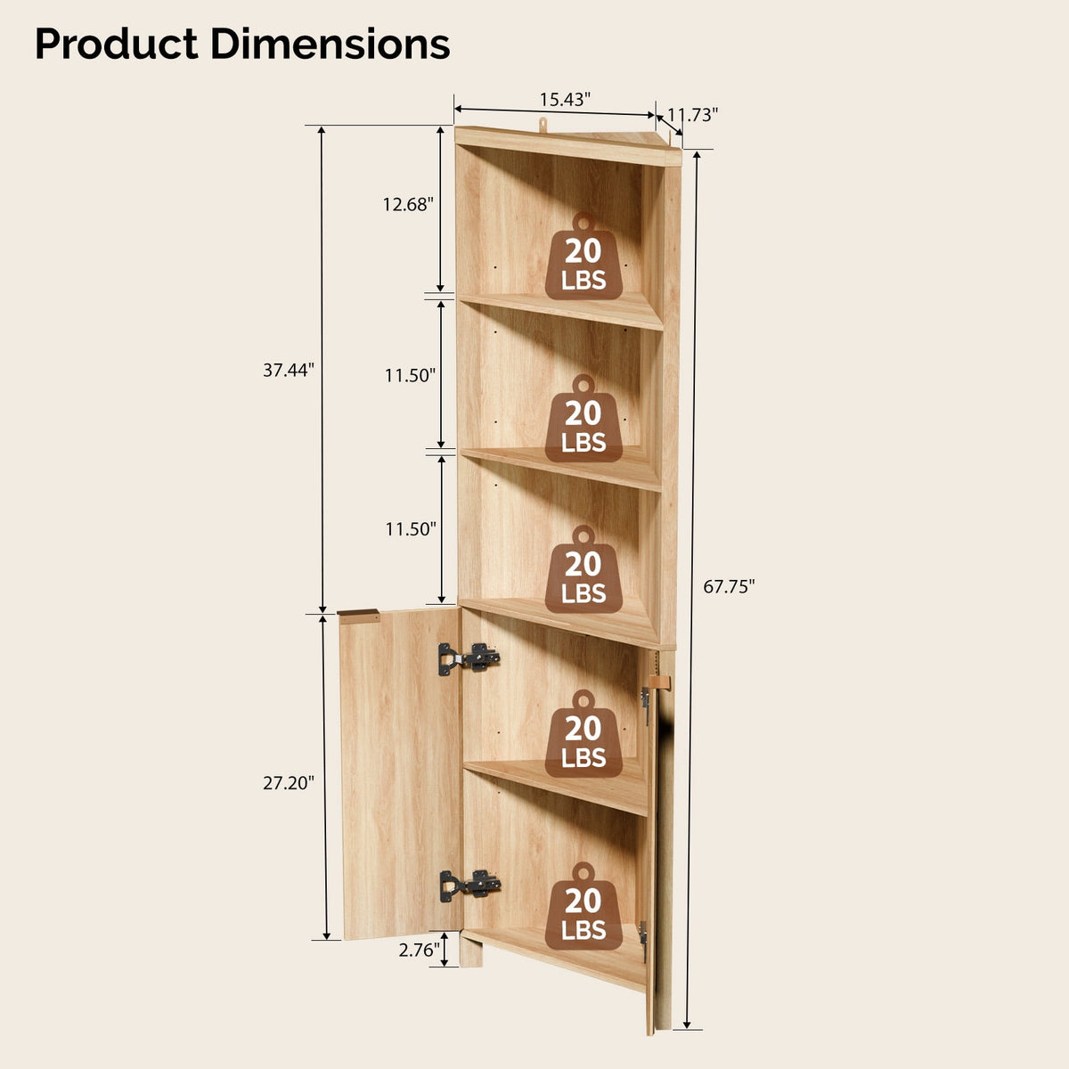 Elladera Corner Bathroom Cabinet with Fluted Double- doors, 5- Tier Freestanding