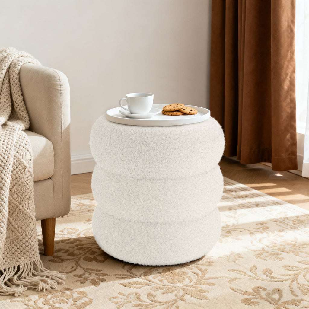 Elladera Round Ottoman with Storage, Plush Teddy Boucle Footstool for Living Room