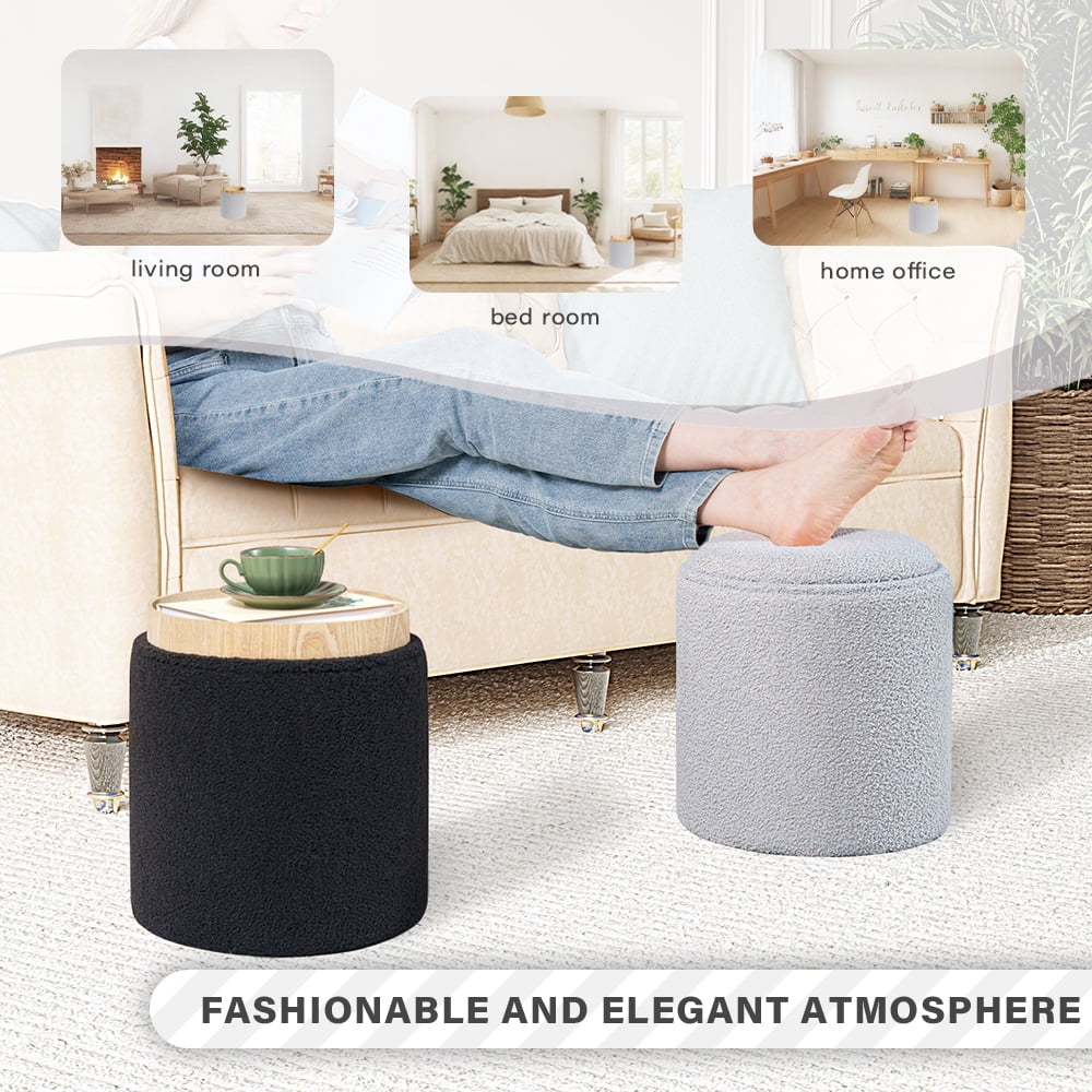 Elladera B FSOBEIIALEO Storage Ottoman Round Boucle Teddy Foot Rest Cube with Wood