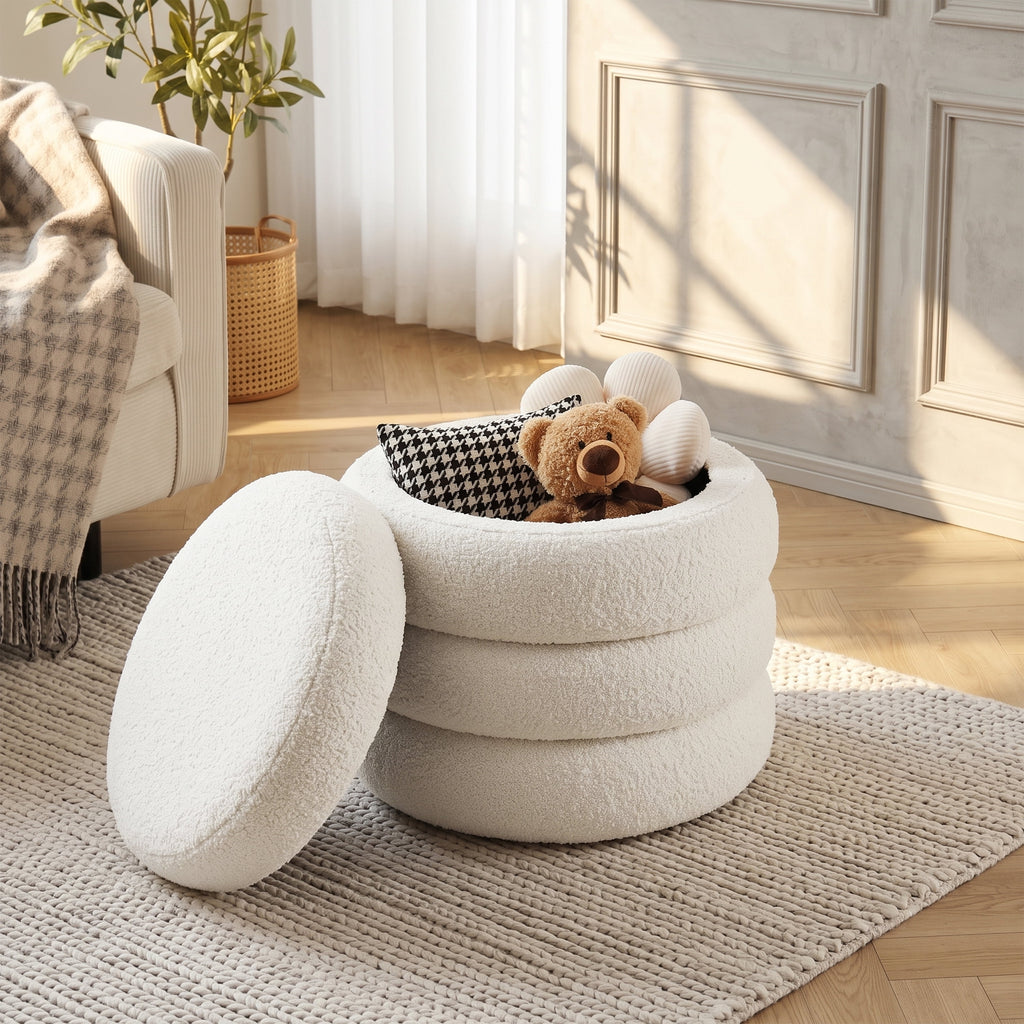 Elladera Zesthouse 19.5" Wide Round Boucle Storage Ottoman, Tufted Sherpa Ottoman
