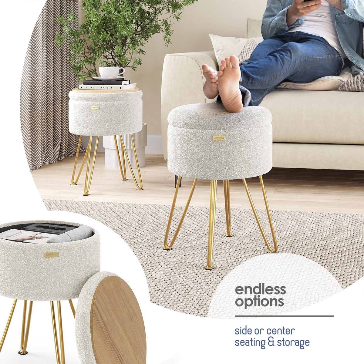 Elladera Hearth & Harbor Round Ottoman with Storage, Luxurious Foot Stool and Chic