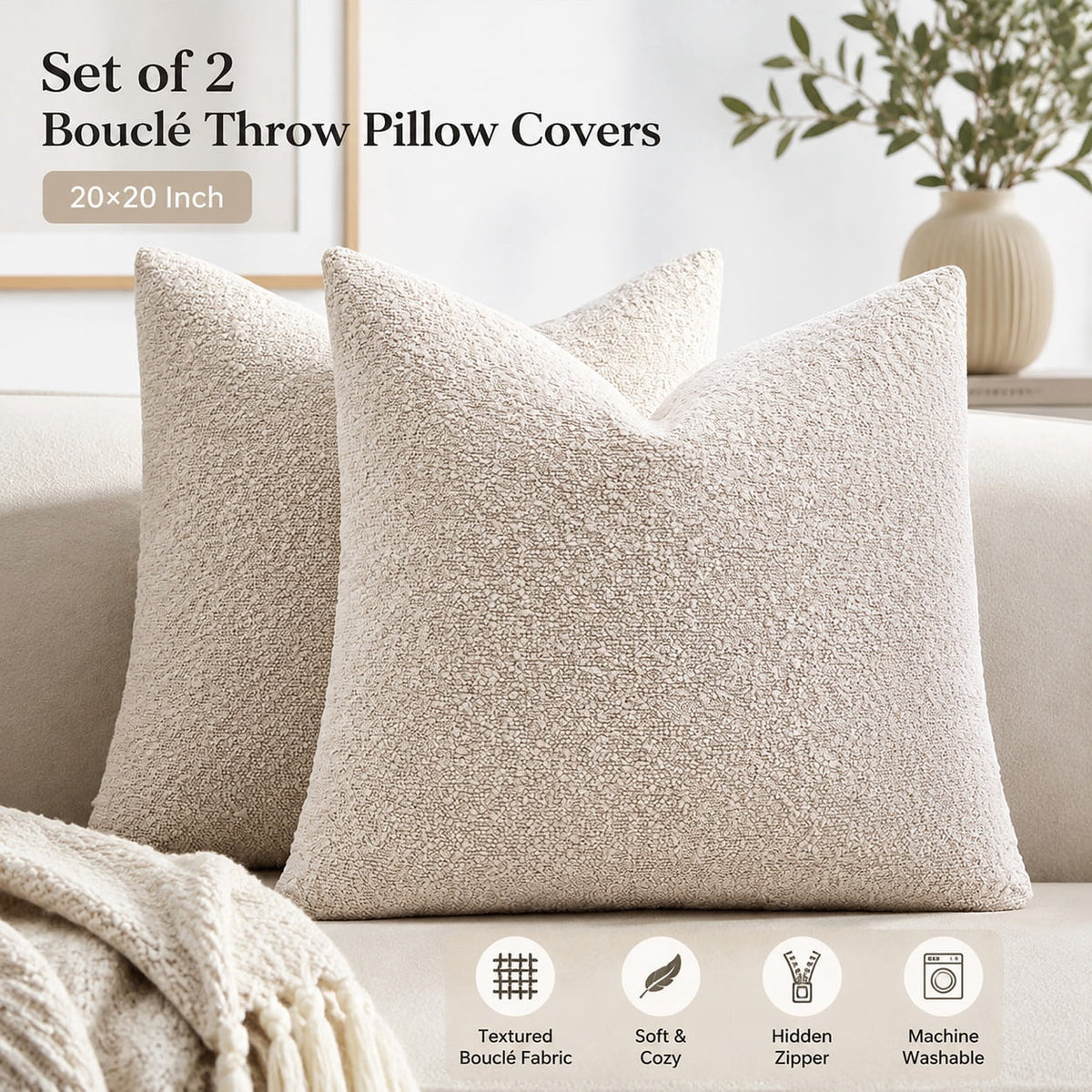 Elladera 24x24 Inch Decorative Euro Sham Pillow Covers Set of 2 Textured Boucle
